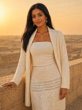 STYLE & CO Open Front Beige Cardigan Sweater with Drape Cable Knit Detail